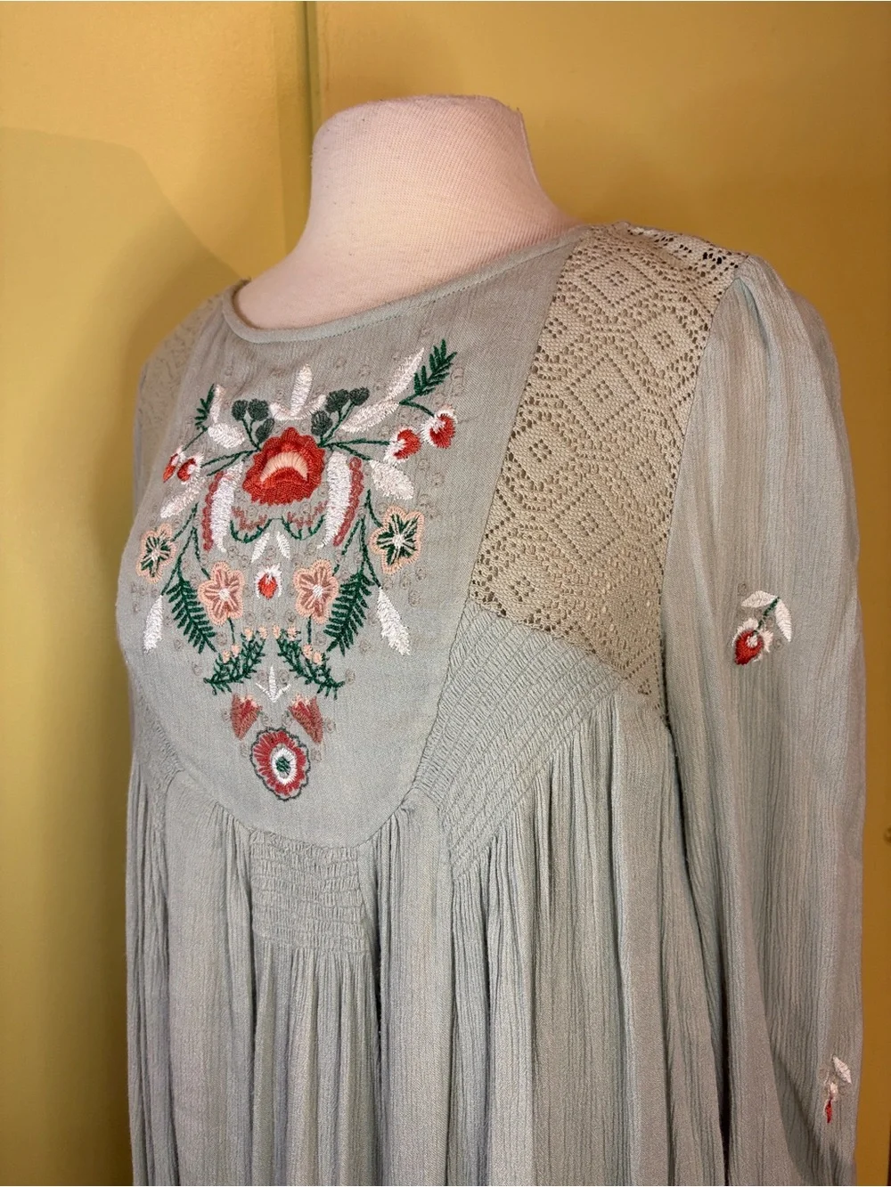 Free People Mojave Embroidered Sage Long-Sleeve Babydoll Dress. Callout